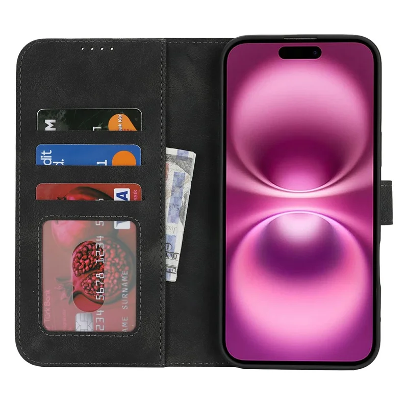 Für iPhone 16 Wallet Case Doppelt gefaltete Kante Haut Touch PU Leder Flip Handy Cover - Schwarz