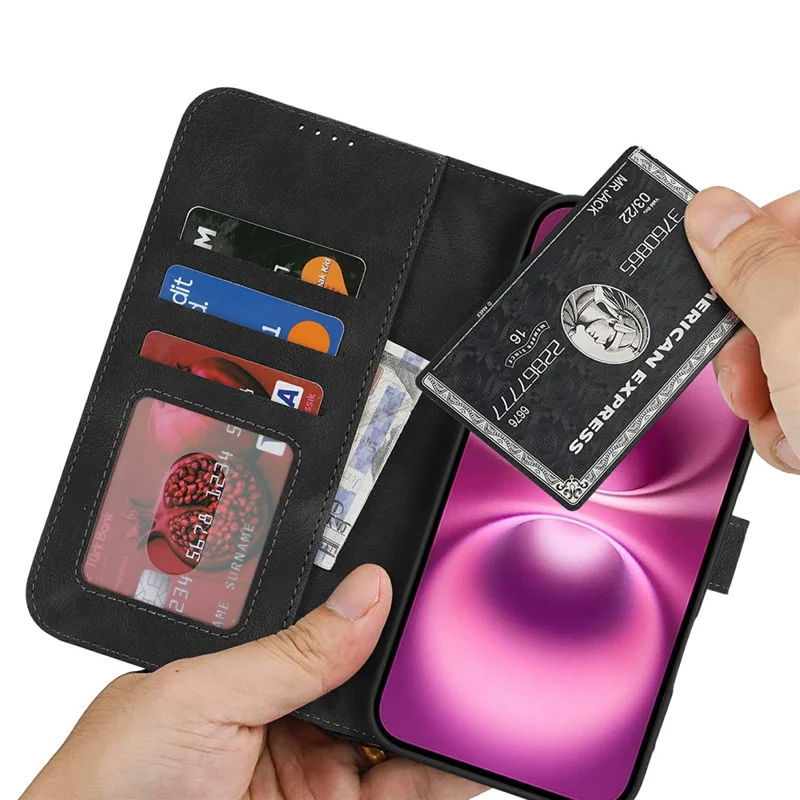 Für iPhone 16 Wallet Case Doppelt gefaltete Kante Haut Touch PU Leder Flip Handy Cover - Schwarz