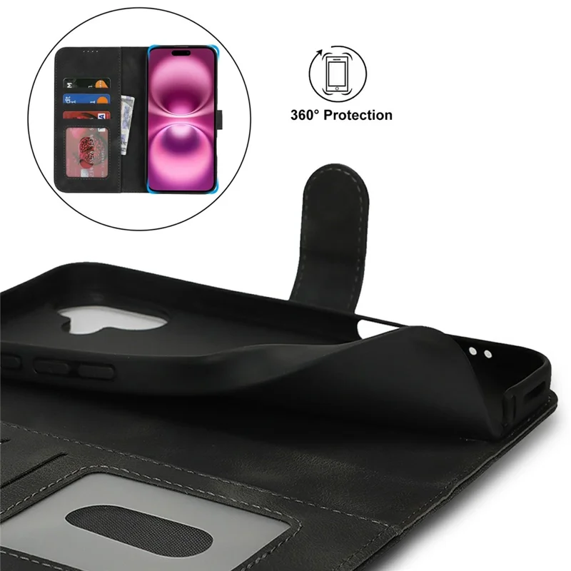 Für iPhone 16 Wallet Case Doppelt gefaltete Kante Haut Touch PU Leder Flip Handy Cover - Schwarz