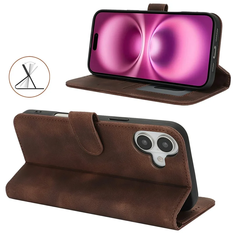 For iPhone 16 Wallet Case Double Folded Edge Skin Touch PU Leather Flip Phone Cover - Dark Brown