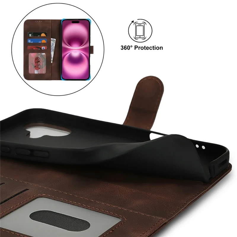For iPhone 16 Wallet Case Double Folded Edge Skin Touch PU Leather Flip Phone Cover - Dark Brown
