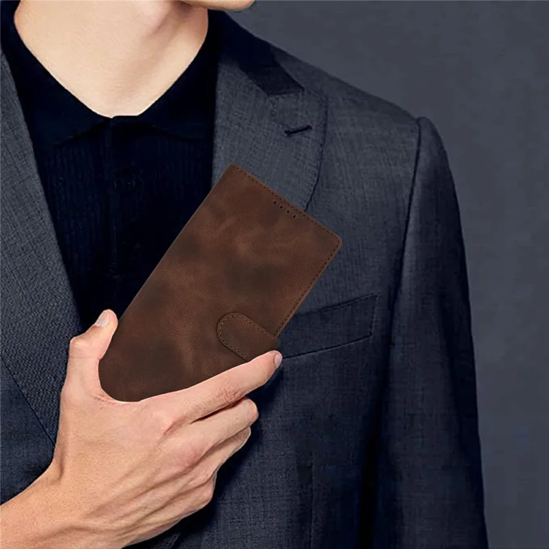 For iPhone 16 Wallet Case Double Folded Edge Skin Touch PU Leather Flip Phone Cover - Dark Brown
