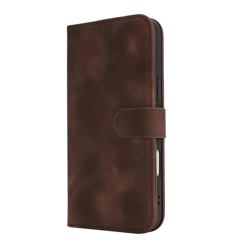 For iPhone 16 Wallet Case Double Folded Edge Skin Touch PU Leather Flip Phone Cover - Dark Brown