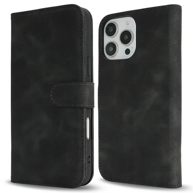 For iPhone 16 Pro Wallet Case Double Folded Edge Skin Touch PU Leather Flip Phone Cover - Black