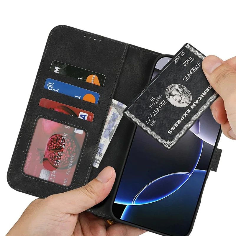 For iPhone 16 Pro Wallet Case Double Folded Edge Skin Touch PU Leather Flip Phone Cover - Black