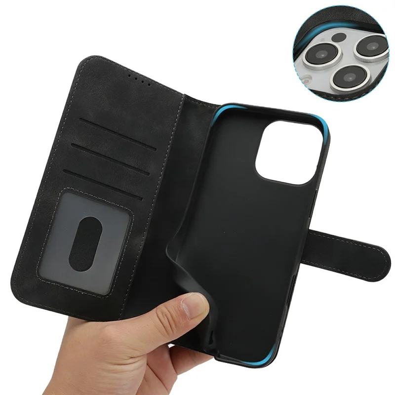 For iPhone 16 Pro Wallet Case Double Folded Edge Skin Touch PU Leather Flip Phone Cover - Black
