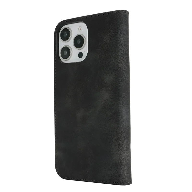 For iPhone 16 Pro Wallet Case Double Folded Edge Skin Touch PU Leather Flip Phone Cover - Black