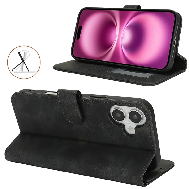 For iPhone 16 Plus Wallet Case Double Folded Edge Skin Touch PU Leather Flip Phone Cover - Black