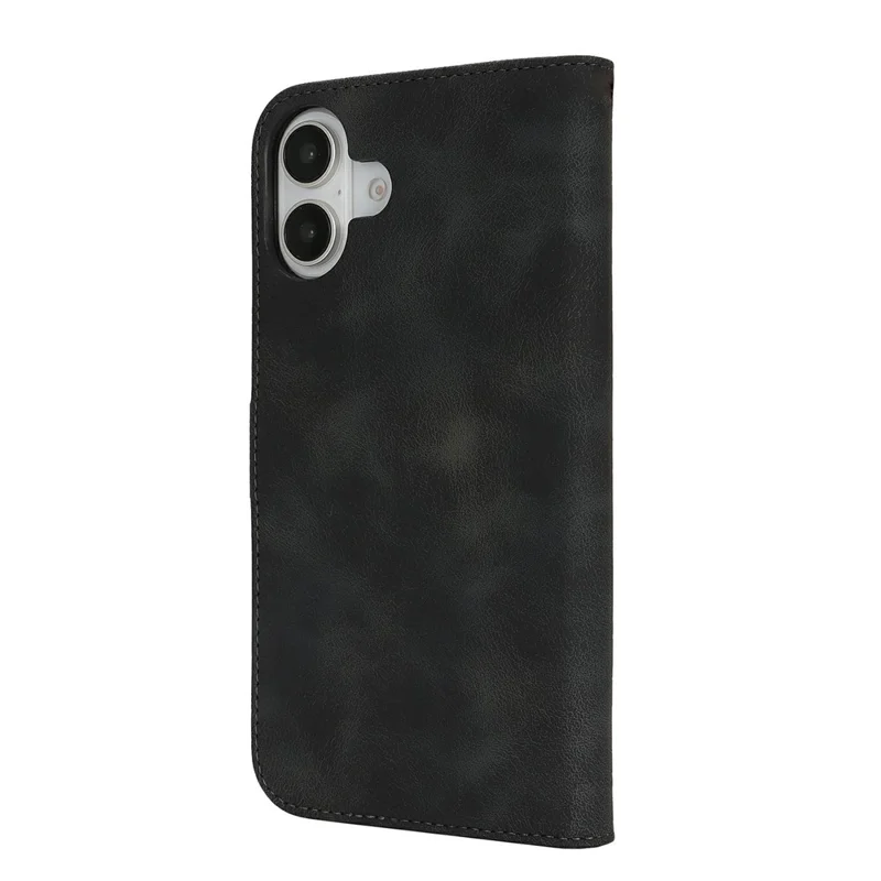 For iPhone 16 Plus Wallet Case Double Folded Edge Skin Touch PU Leather Flip Phone Cover - Black