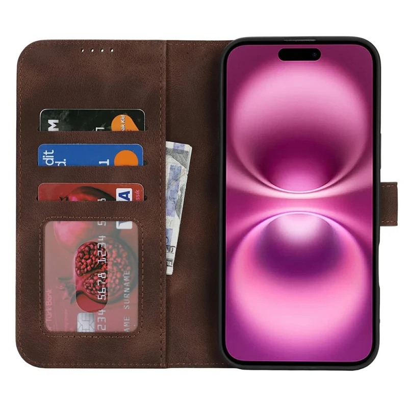 For iPhone 16 Plus Wallet Case Double Folded Edge Skin Touch PU Leather Flip Phone Cover - Dark Brown