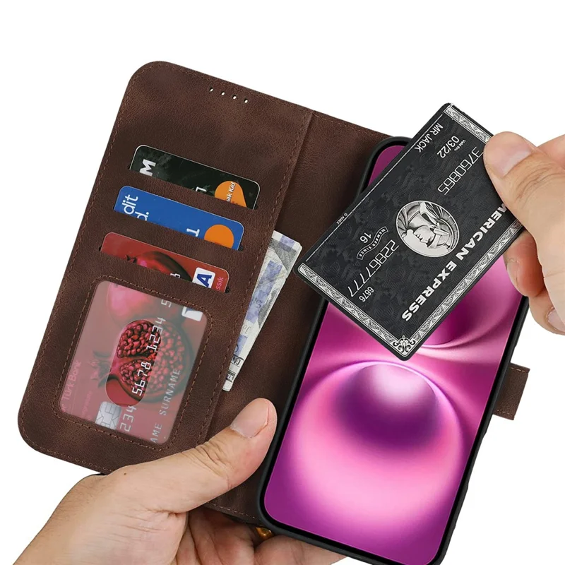 For iPhone 16 Plus Wallet Case Double Folded Edge Skin Touch PU Leather Flip Phone Cover - Dark Brown