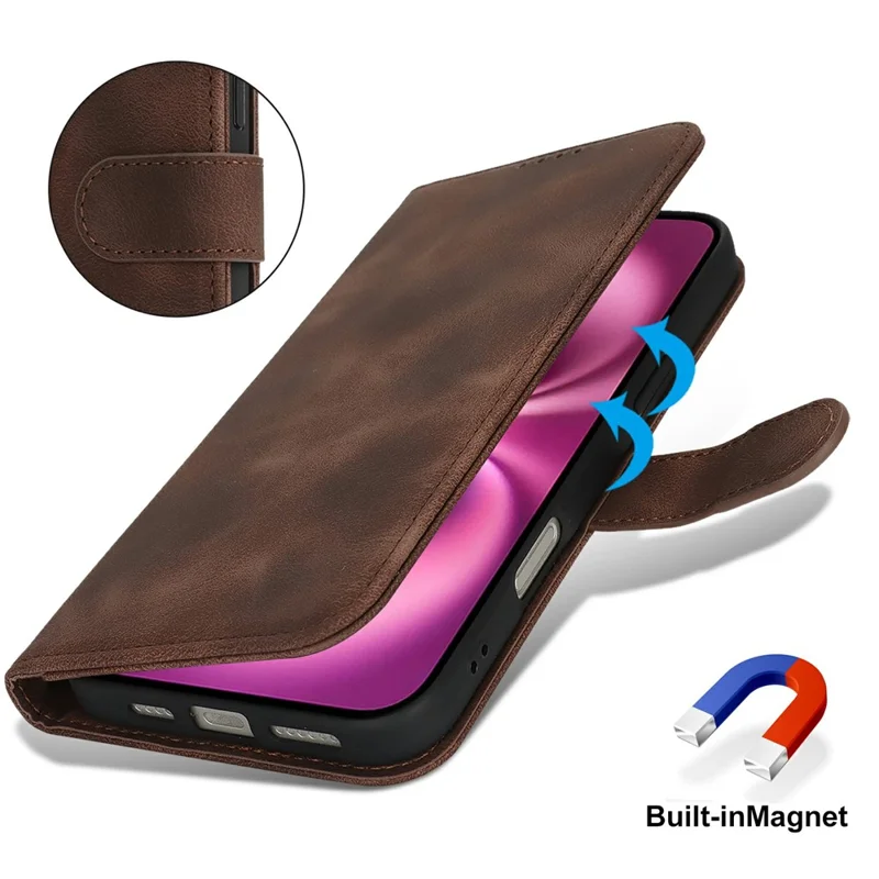 For iPhone 16 Plus Wallet Case Double Folded Edge Skin Touch PU Leather Flip Phone Cover - Dark Brown