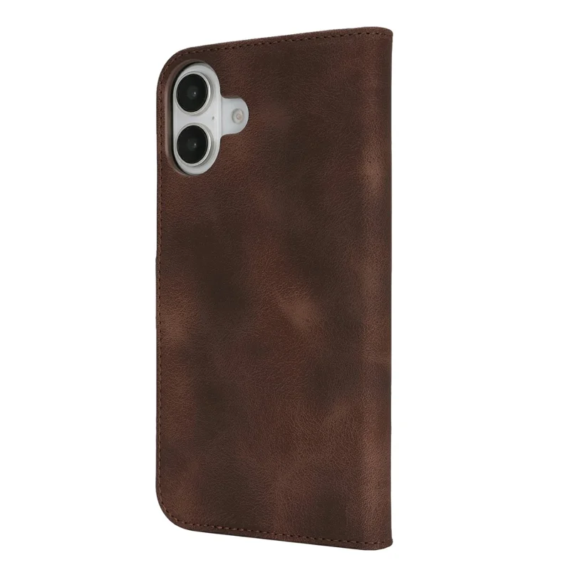 For iPhone 16 Plus Wallet Case Double Folded Edge Skin Touch PU Leather Flip Phone Cover - Dark Brown