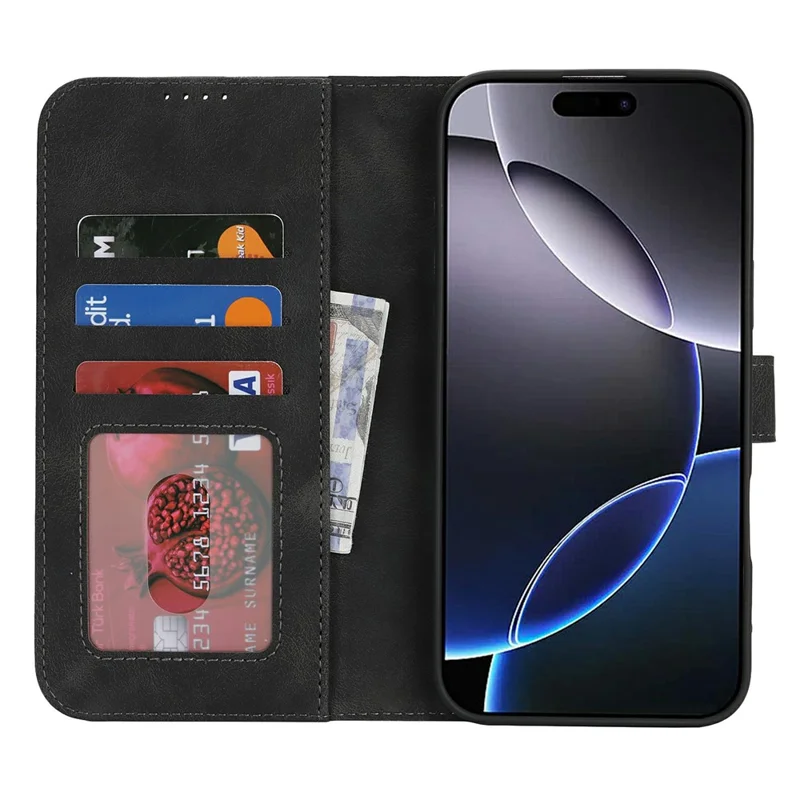 For iPhone 16 Pro Max Wallet Case Double Folded Edge Skin Touch PU Leather Flip Phone Cover - Black