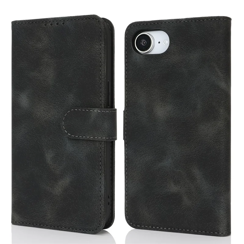 For iPhone 16e Wallet Case Double Folded Edge Skin Touch PU Leather Flip Phone Cover - Black