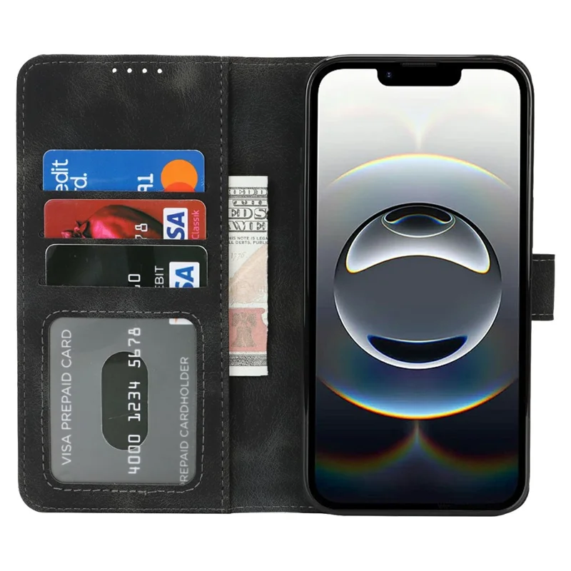 For iPhone 16e Wallet Case Double Folded Edge Skin Touch PU Leather Flip Phone Cover - Black