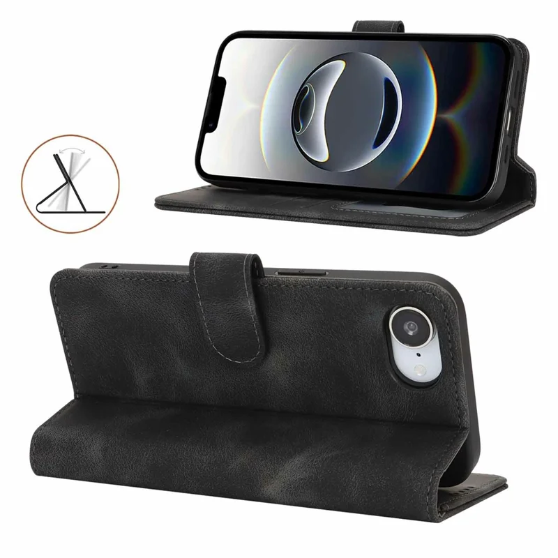 For iPhone 16e Wallet Case Double Folded Edge Skin Touch PU Leather Flip Phone Cover - Black