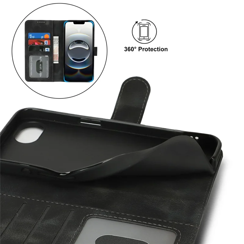 For iPhone 16e Wallet Case Double Folded Edge Skin Touch PU Leather Flip Phone Cover - Black