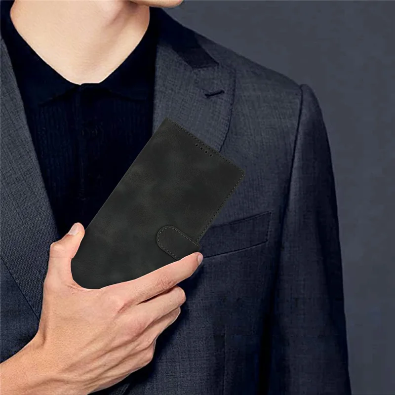 For iPhone 16e Wallet Case Double Folded Edge Skin Touch PU Leather Flip Phone Cover - Black