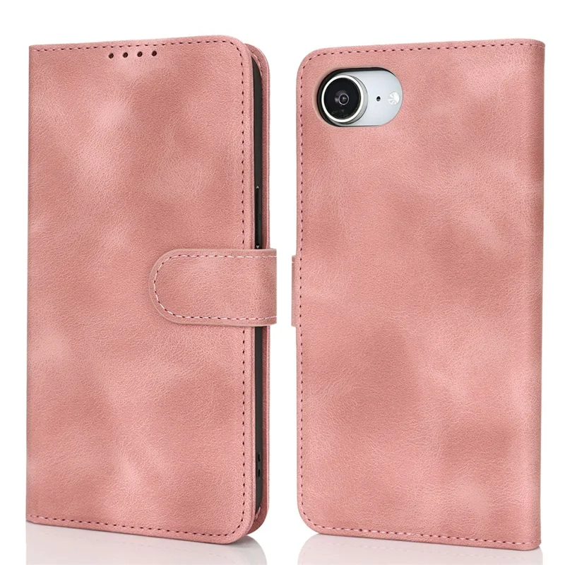 For iPhone 17e / 16e Wallet Case Double Folded Edge Skin Touch PU Leather Flip Phone Cover - Rose Pink