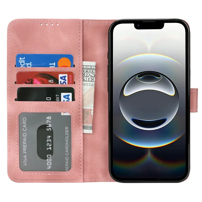 For iPhone 17e / 16e Wallet Case Double Folded Edge Skin Touch PU Leather Flip Phone Cover - Rose Pink