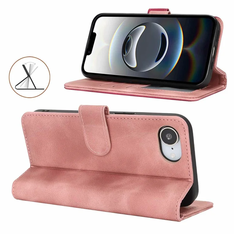 For iPhone 17e / 16e Wallet Case Double Folded Edge Skin Touch PU Leather Flip Phone Cover - Rose Pink