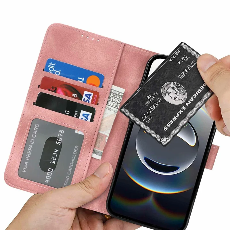 For iPhone 17e / 16e Wallet Case Double Folded Edge Skin Touch PU Leather Flip Phone Cover - Rose Pink