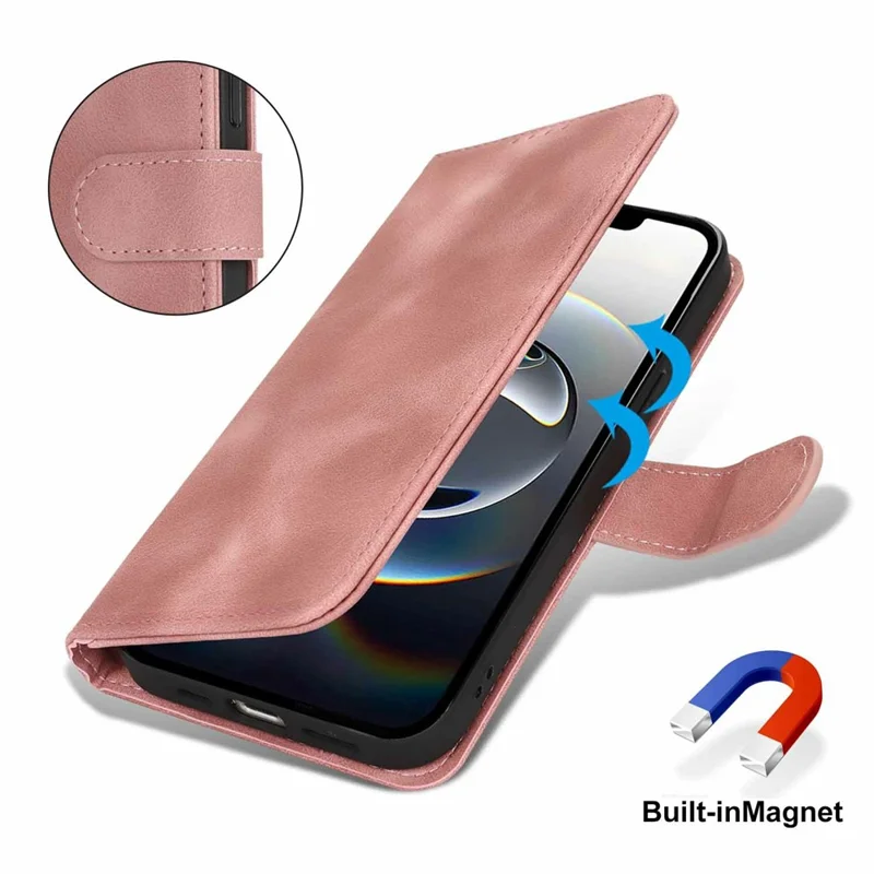 For iPhone 17e / 16e Wallet Case Double Folded Edge Skin Touch PU Leather Flip Phone Cover - Rose Pink