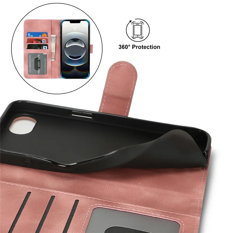 For iPhone 17e / 16e Wallet Case Double Folded Edge Skin Touch PU Leather Flip Phone Cover - Rose Pink