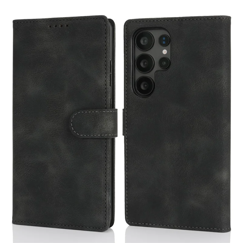 For Samsung Galaxy S25 Ultra Wallet Case Double Folded Edge Skin Touch PU Leather Flip Phone Cover - Black