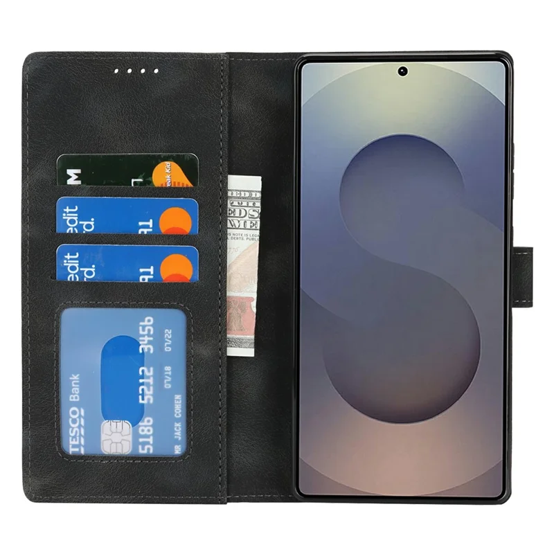 For Samsung Galaxy S25 Ultra Wallet Case Double Folded Edge Skin Touch PU Leather Flip Phone Cover - Black