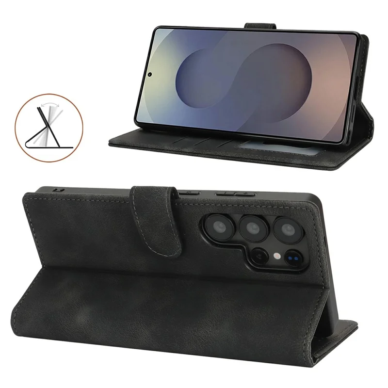 For Samsung Galaxy S25 Ultra Wallet Case Double Folded Edge Skin Touch PU Leather Flip Phone Cover - Black