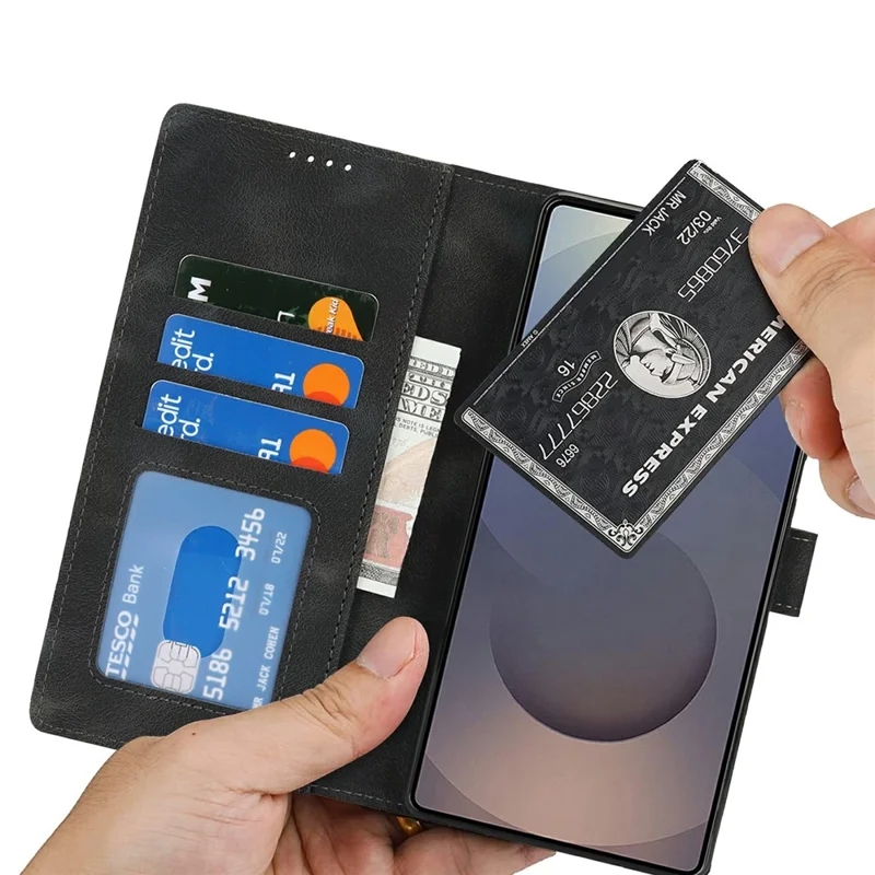 For Samsung Galaxy S25 Ultra Wallet Case Double Folded Edge Skin Touch PU Leather Flip Phone Cover - Black