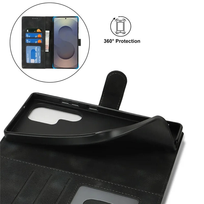 For Samsung Galaxy S25 Ultra Wallet Case Double Folded Edge Skin Touch PU Leather Flip Phone Cover - Black