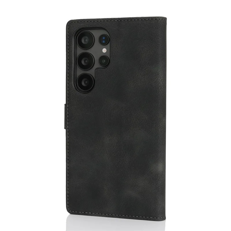 For Samsung Galaxy S25 Ultra Wallet Case Double Folded Edge Skin Touch PU Leather Flip Phone Cover - Black