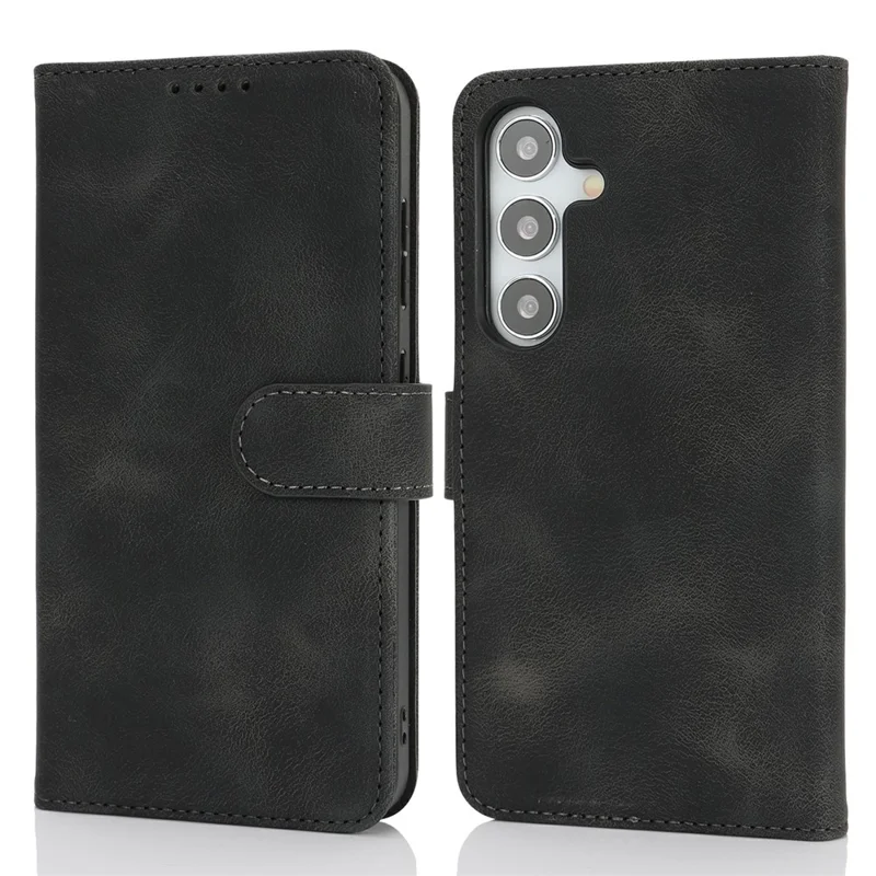 For Samsung Galaxy S25 Wallet Case Double Folded Edge Skin Touch PU Leather Flip Phone Cover - Black
