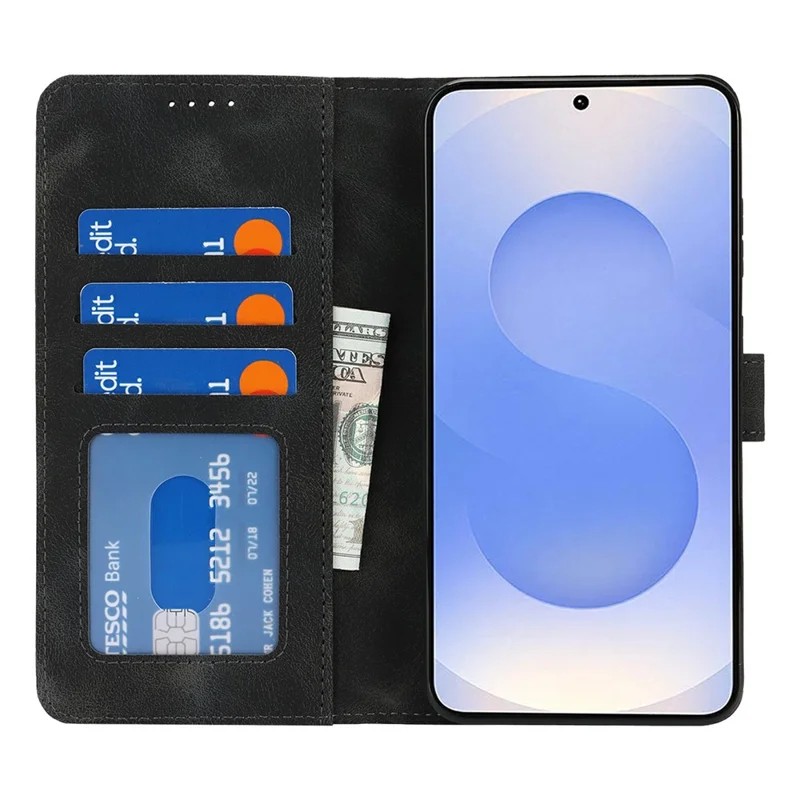 For Samsung Galaxy S25 Wallet Case Double Folded Edge Skin Touch PU Leather Flip Phone Cover - Black