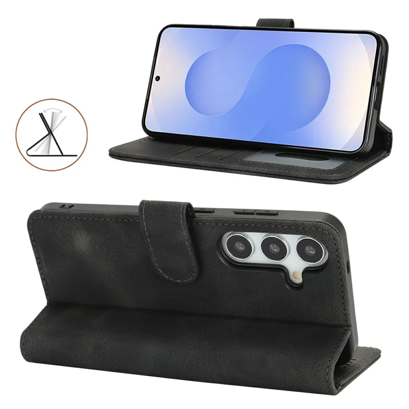 For Samsung Galaxy S25 Wallet Case Double Folded Edge Skin Touch PU Leather Flip Phone Cover - Black