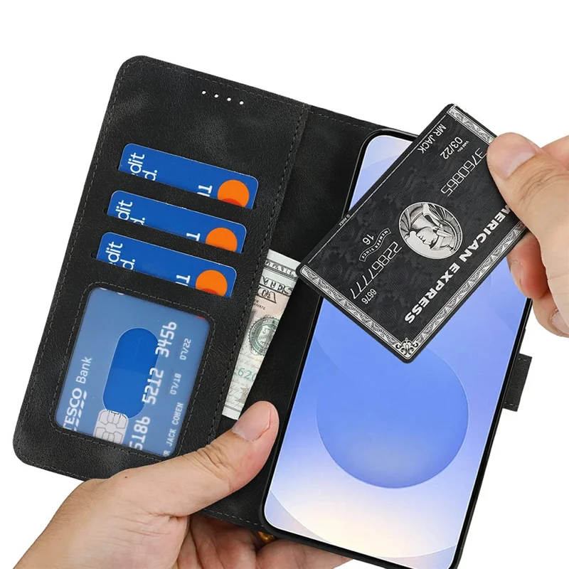 For Samsung Galaxy S25 Wallet Case Double Folded Edge Skin Touch PU Leather Flip Phone Cover - Black