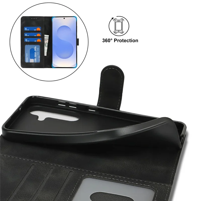 For Samsung Galaxy S25 Wallet Case Double Folded Edge Skin Touch PU Leather Flip Phone Cover - Black