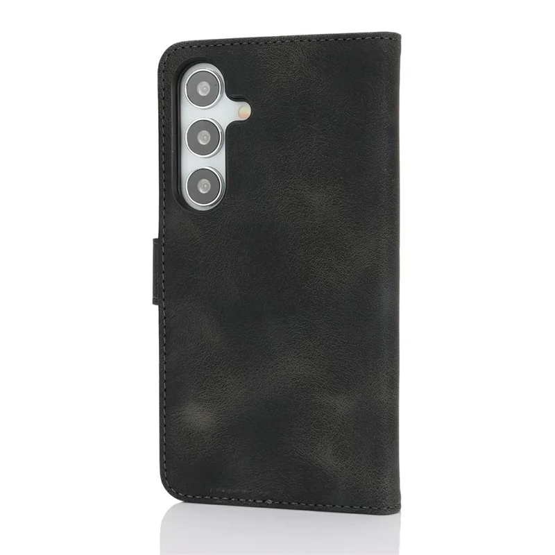 For Samsung Galaxy S25 Wallet Case Double Folded Edge Skin Touch PU Leather Flip Phone Cover - Black