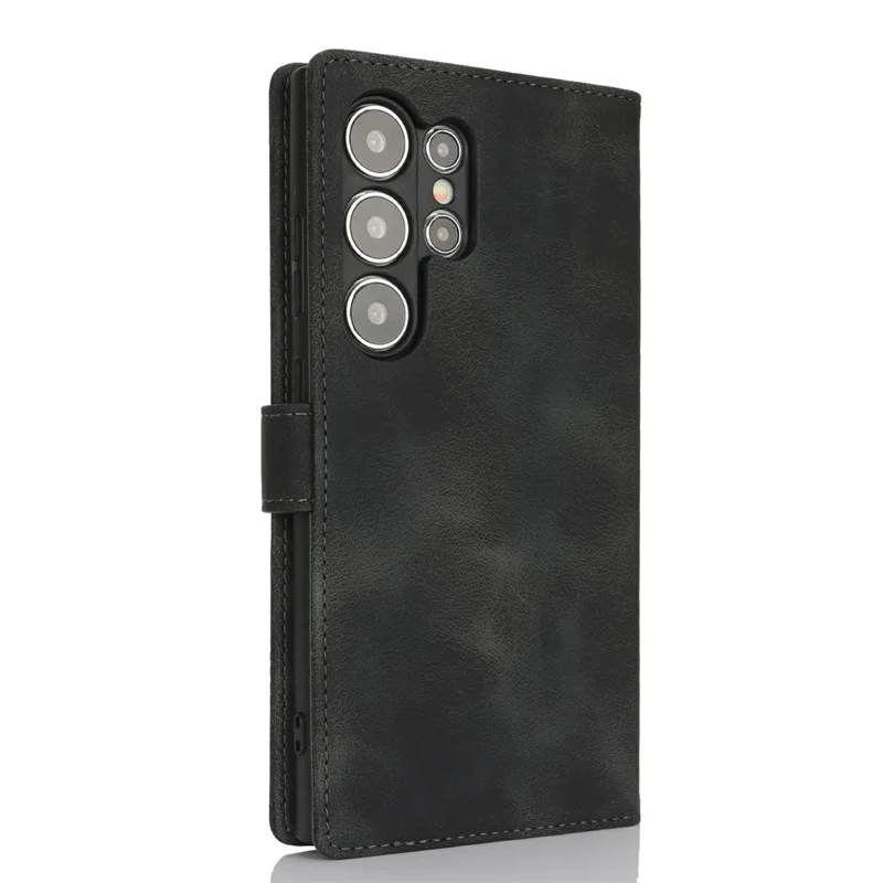 For Samsung Galaxy S24 Ultra Wallet Case Double Folded Edge Skin Touch PU Leather Flip Phone Cover - Black