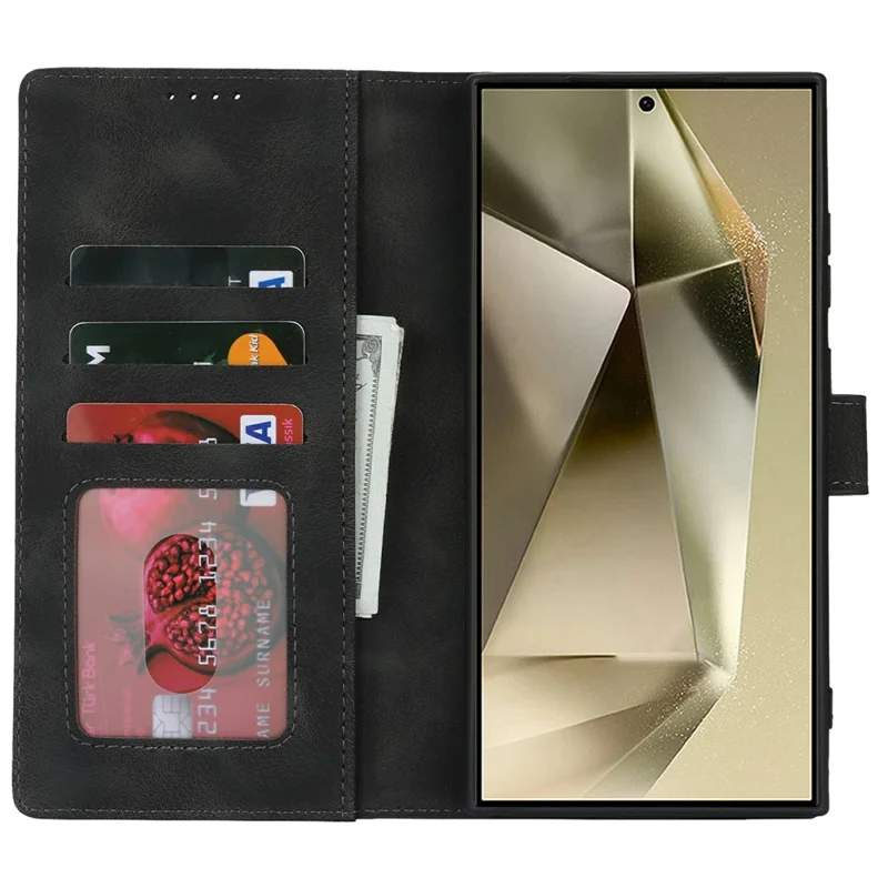 For Samsung Galaxy S24 Ultra Wallet Case Double Folded Edge Skin Touch PU Leather Flip Phone Cover - Black