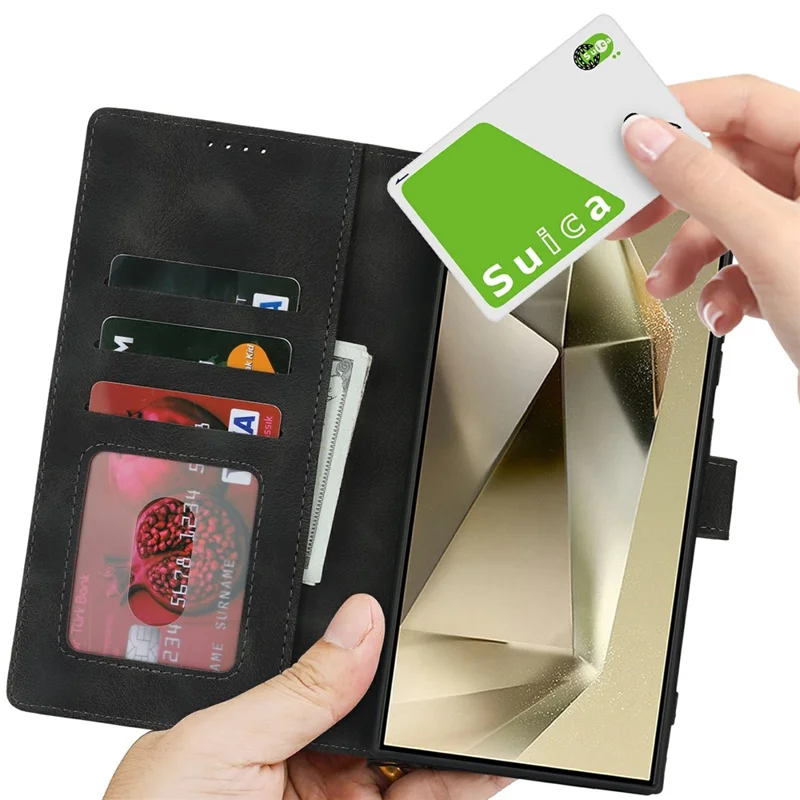 For Samsung Galaxy S24 Ultra Wallet Case Double Folded Edge Skin Touch PU Leather Flip Phone Cover - Black