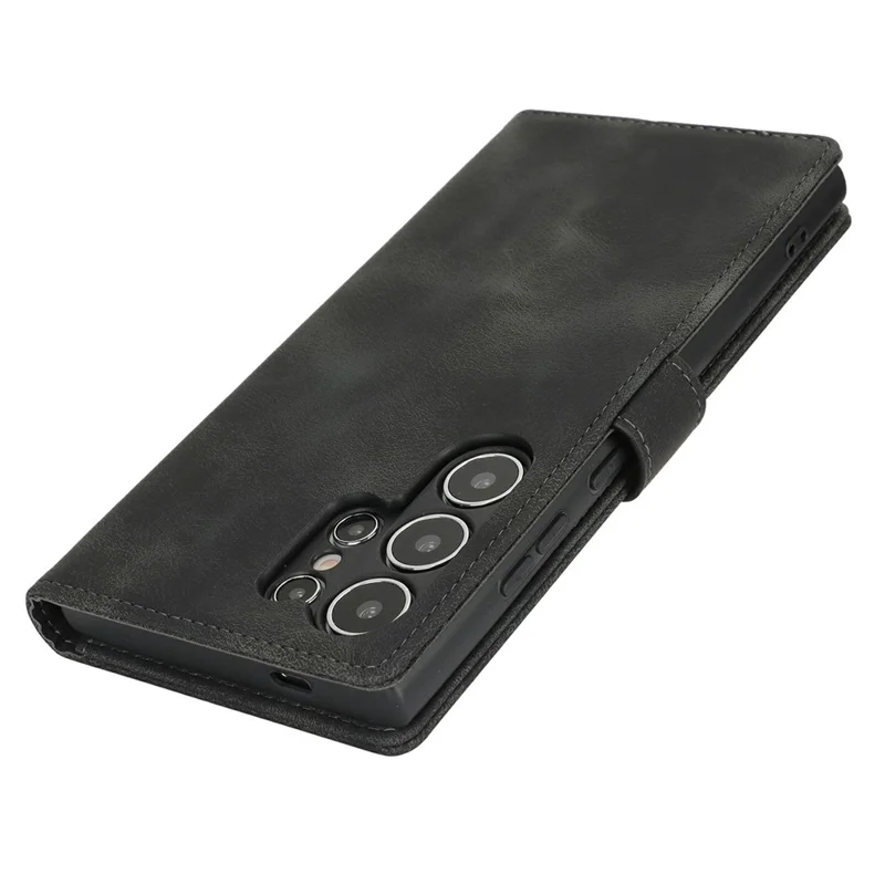 For Samsung Galaxy S24 Ultra Wallet Case Double Folded Edge Skin Touch PU Leather Flip Phone Cover - Black