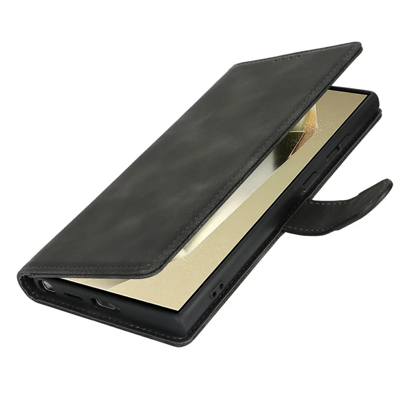 For Samsung Galaxy S24 Ultra Wallet Case Double Folded Edge Skin Touch PU Leather Flip Phone Cover - Black
