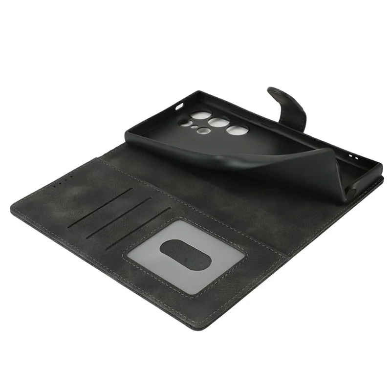 For Samsung Galaxy S24 Ultra Wallet Case Double Folded Edge Skin Touch PU Leather Flip Phone Cover - Black