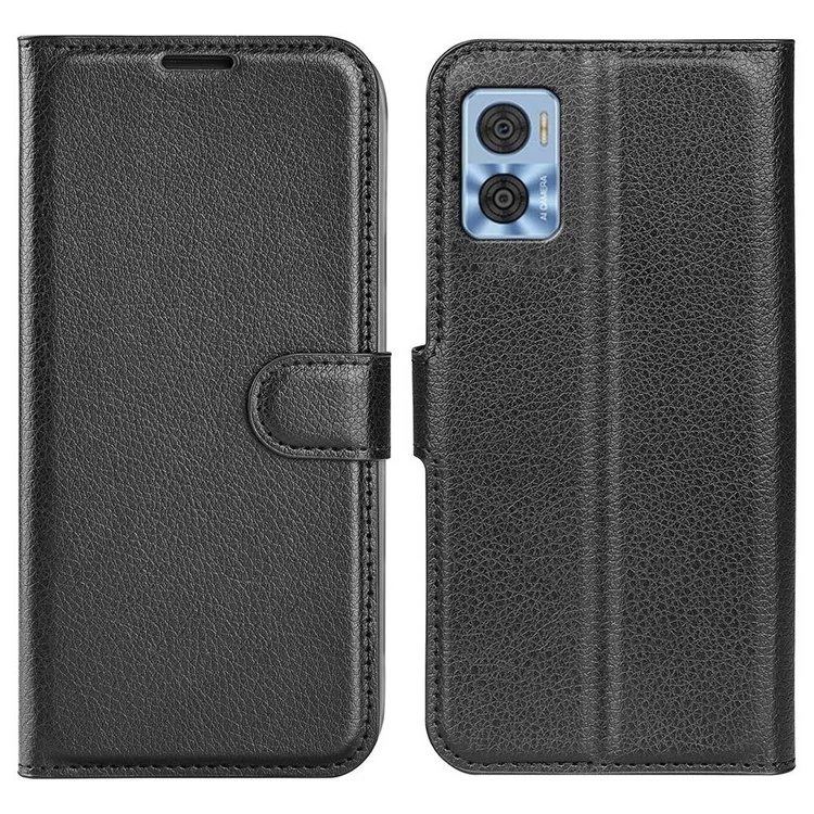 Für Motorola Moto E22 4G Mobiltelefon Cover Brieftasche Ständer Litchi Textur PU-Leder Folio Flip Handyhülle - Schwarz