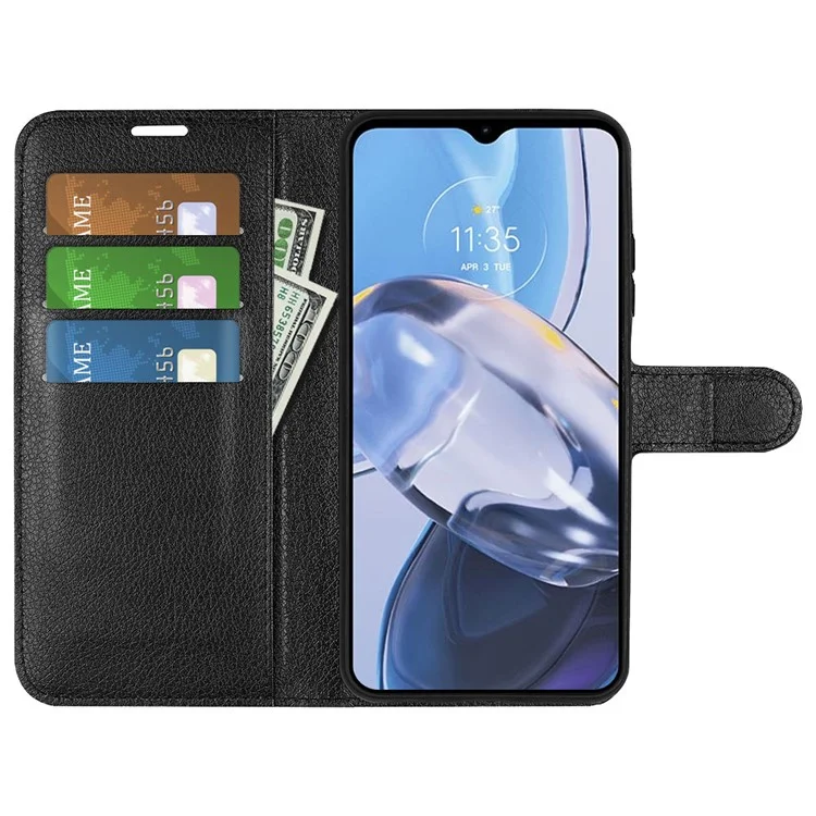 Für Motorola Moto E22 4G Mobiltelefon Cover Brieftasche Ständer Litchi Textur PU-Leder Folio Flip Handyhülle - Schwarz