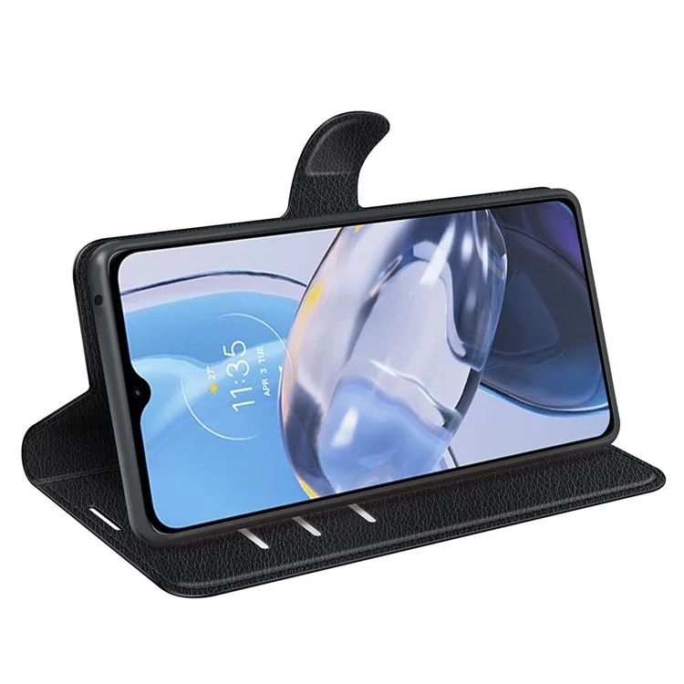 Für Motorola Moto E22 4G Mobiltelefon Cover Brieftasche Ständer Litchi Textur PU-Leder Folio Flip Handyhülle - Schwarz